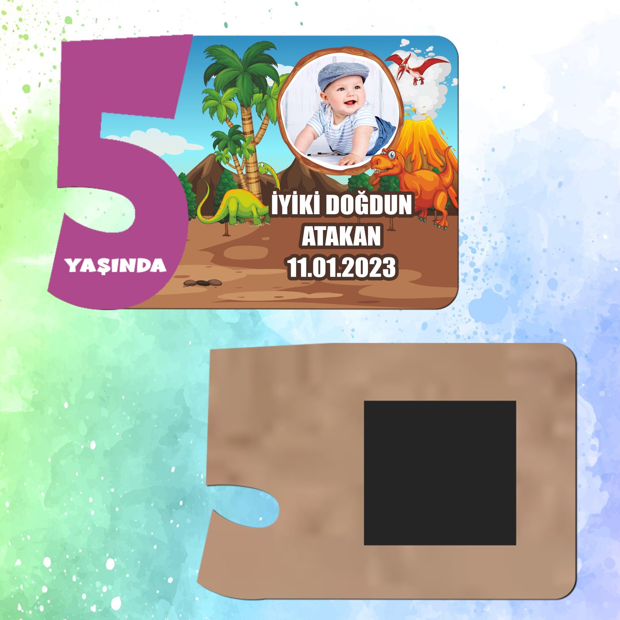 Dinazor Temalı Mor Rakamlı 5 Yaşında Magnet Ahşap