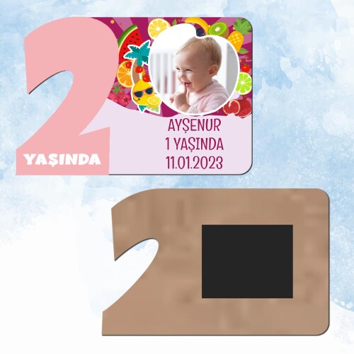 Meyveler Figürlü 2 Yaş Pembe Rakam Ahşap Magnet