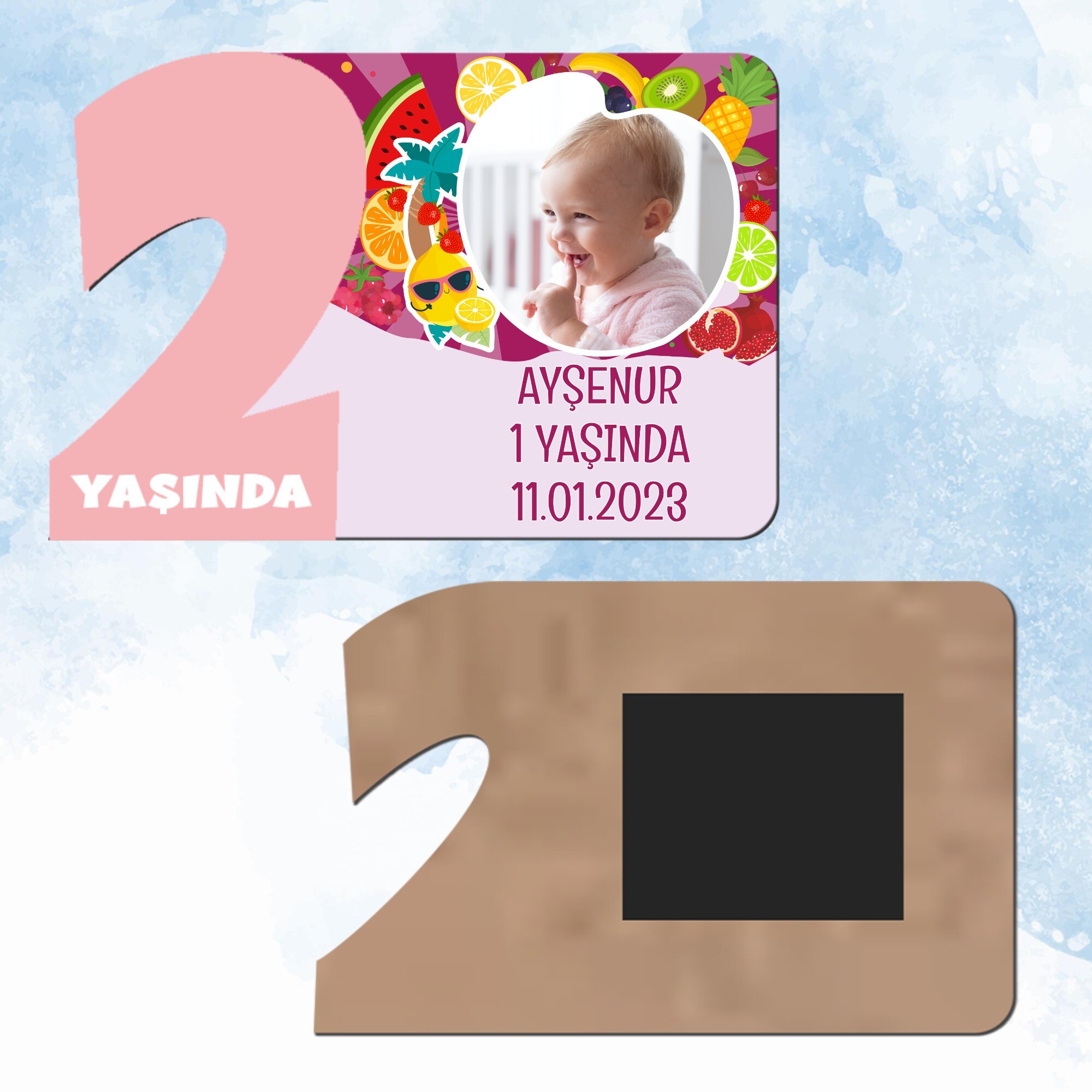 Meyveler Figürlü 2 Yaş Pembe Rakam Ahşap Magnet