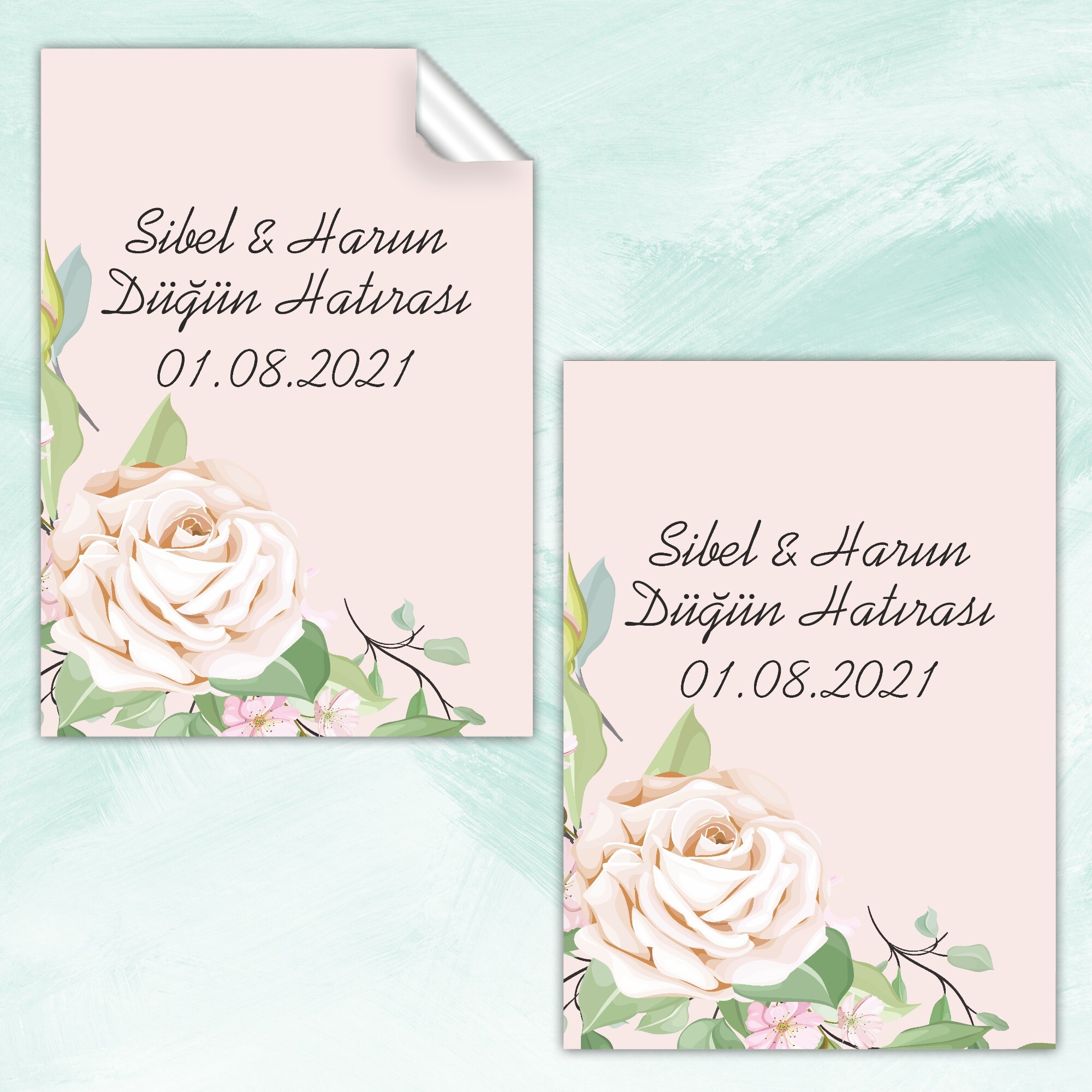 Pembe Güllü Dikdörtgen Söz Düğün Kına Etiketi