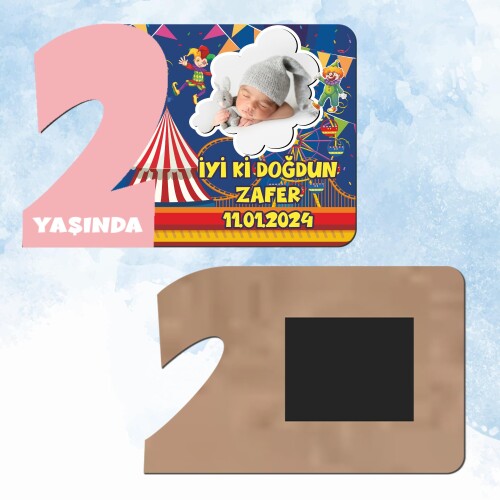 Palyaço Temalı 2 Yaş Pembe Rakam Ahşap Magnet