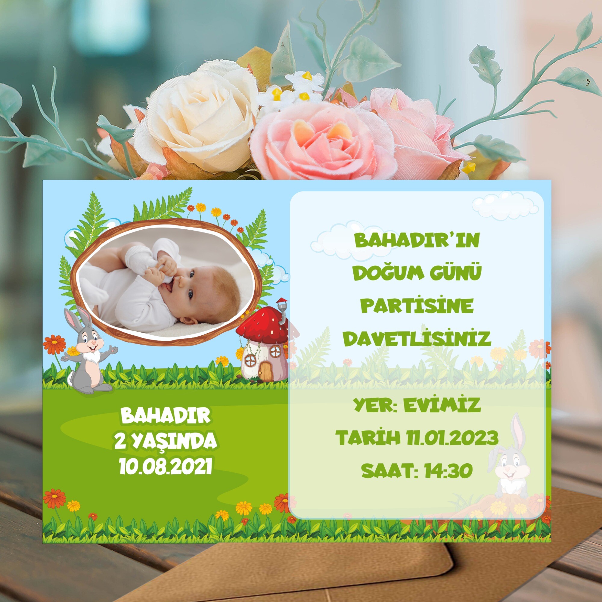 Sevimli Tavşan Doğum Günü İçin Zarflı Davetiye