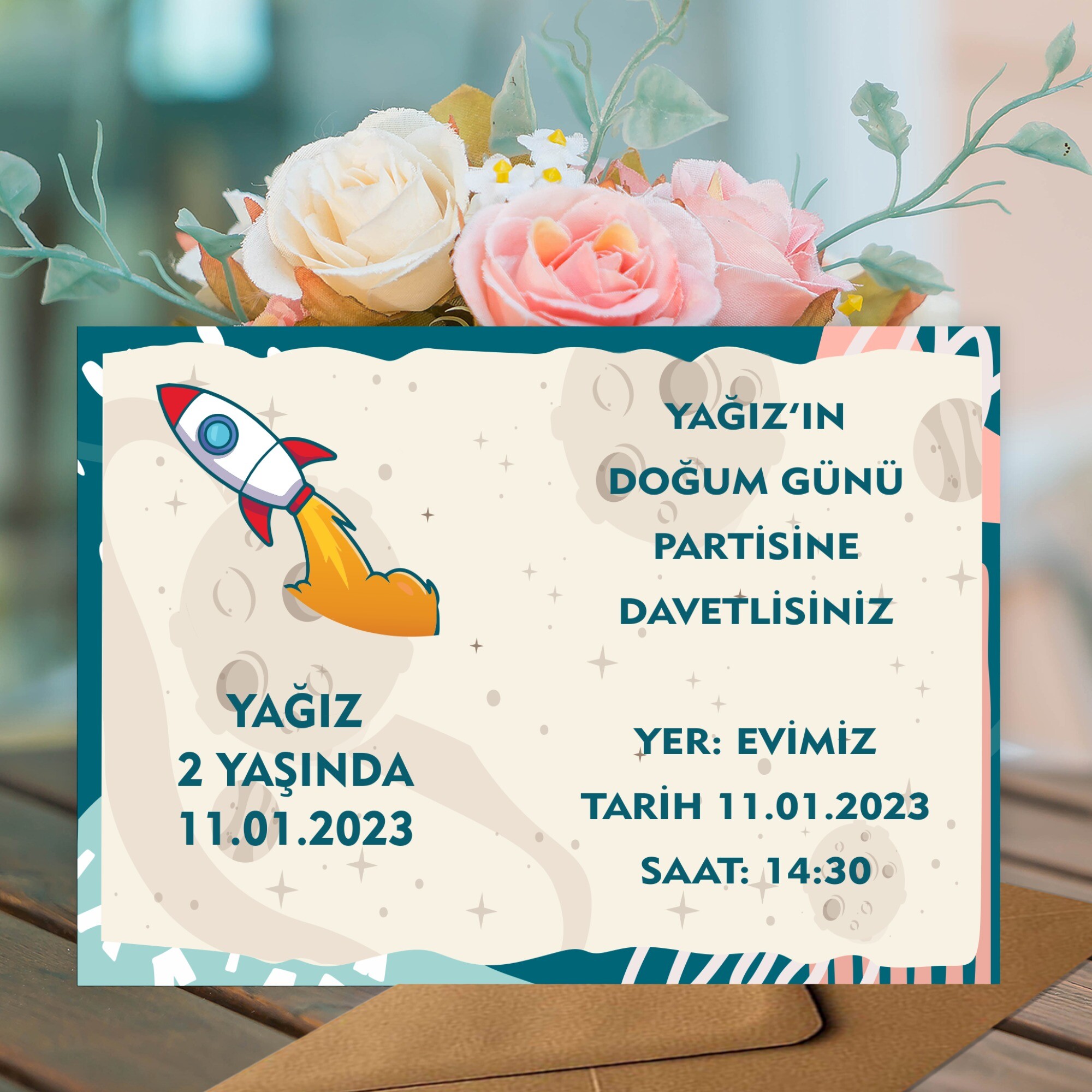 Roket Temalı Parti Davetiyesi Zarf Dahil