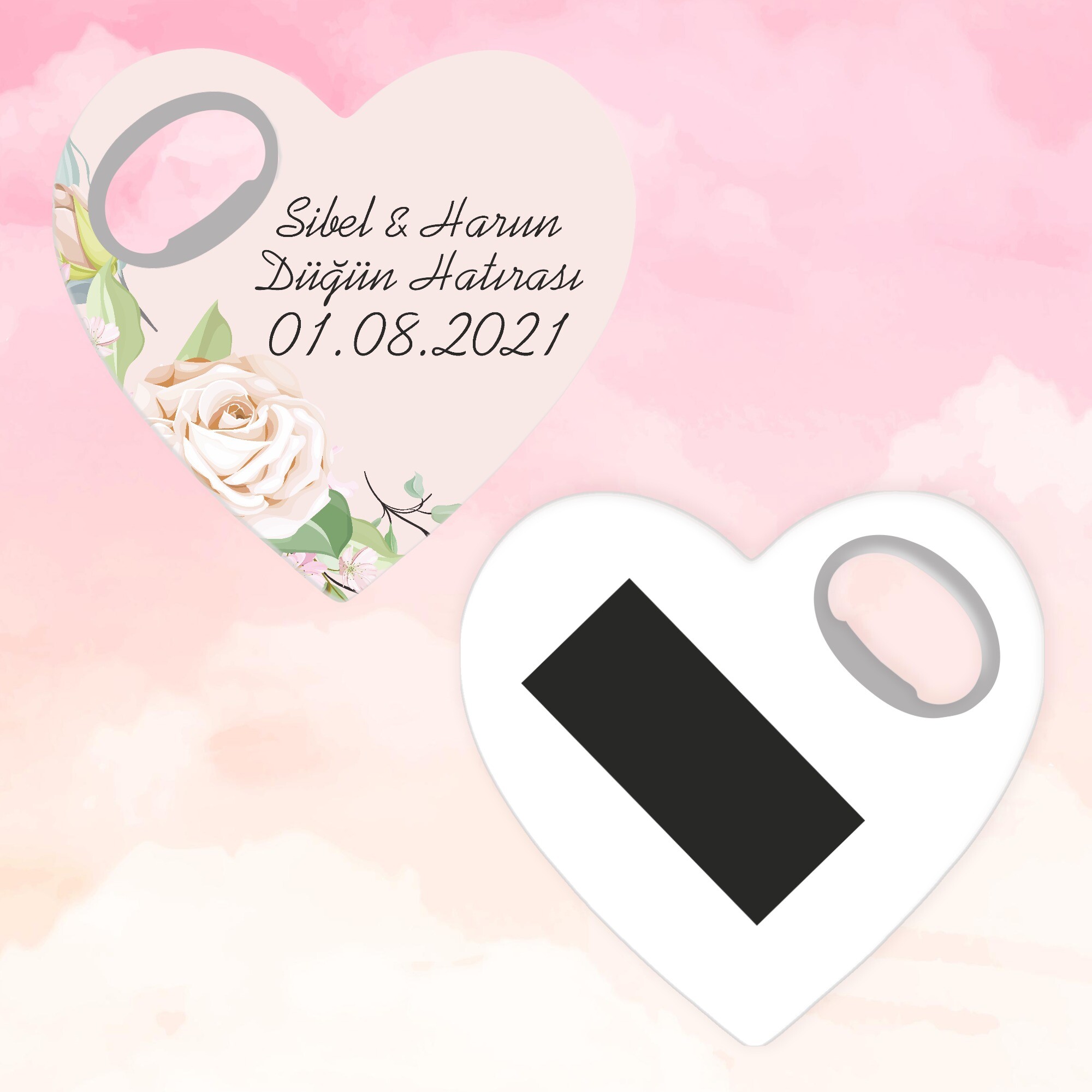 Pembe Güllü Kına Düğün Açacaklı Kalp Magnet