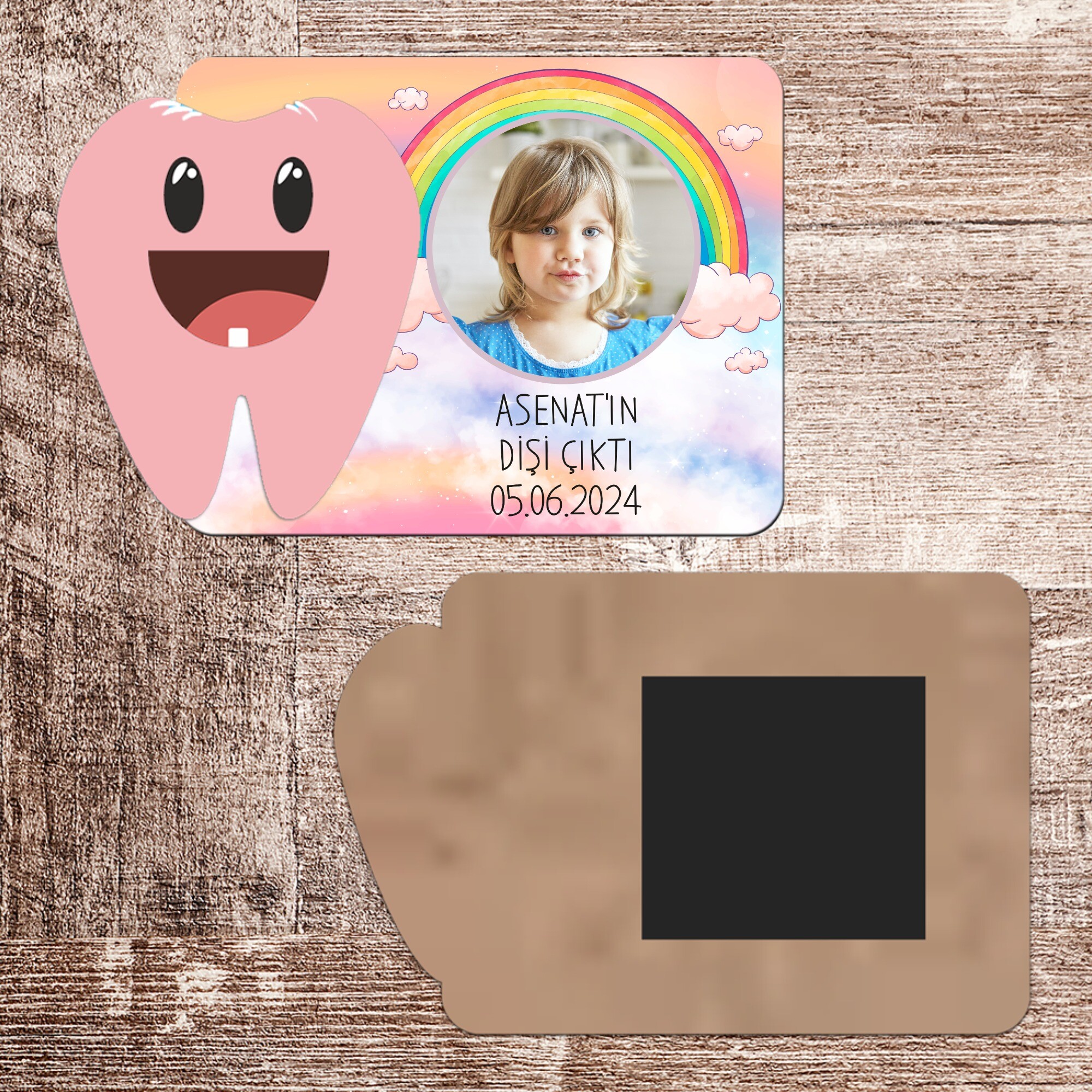 Gökkuşağı Temalı İlk Diş Hatırası Pembe Diş Magnet Ahşap
