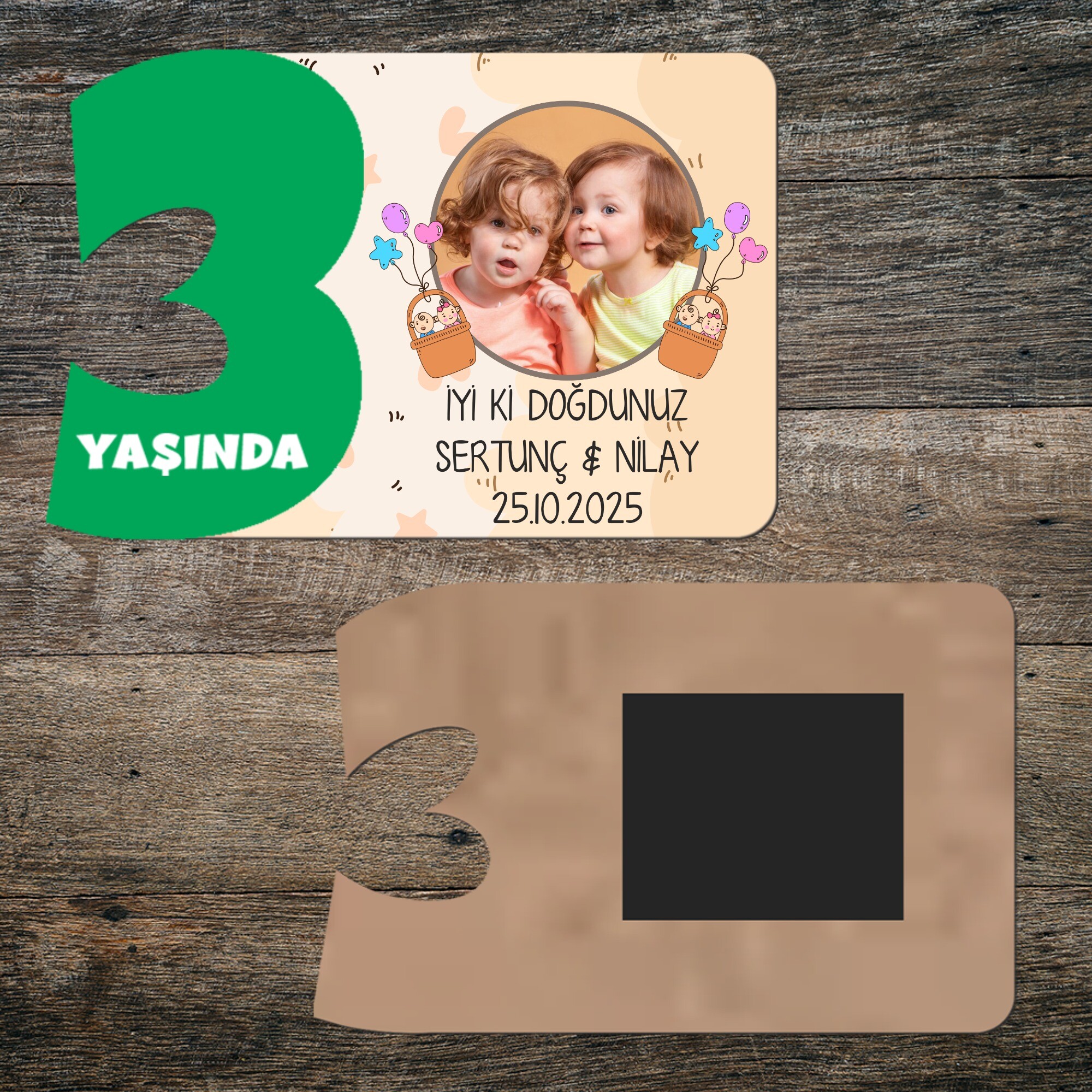 İkiz Bebek 3 Yaş İçin Yeşil Rakam Ahşap Doğum Günü Magneti
