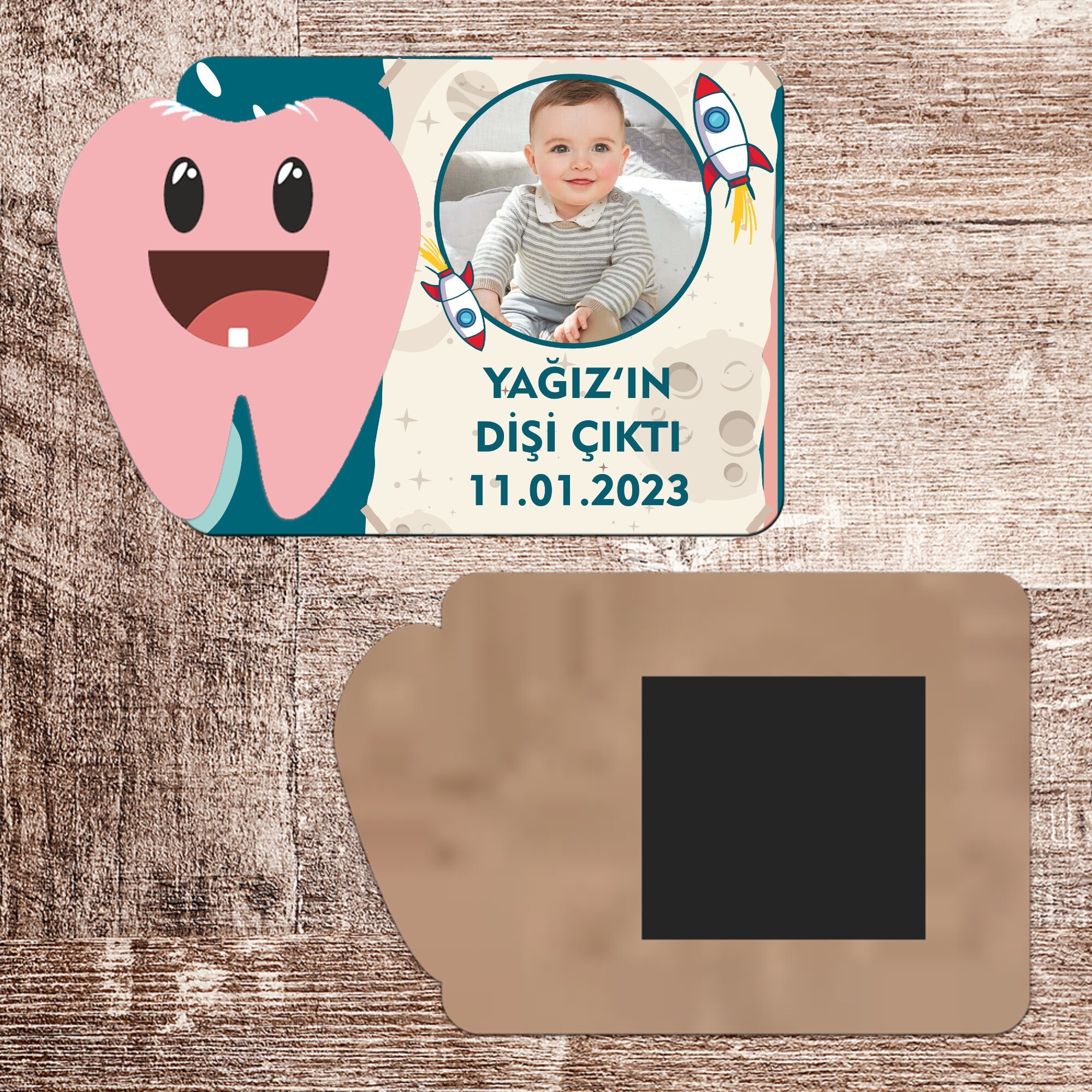 Roket Temalı İlk Diş Hatırası Pembe Diş Magnet Ahşap