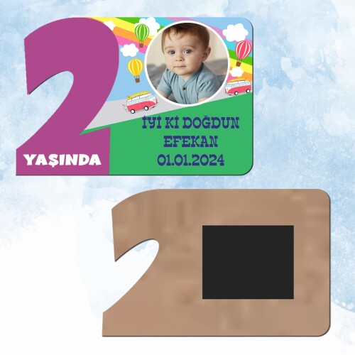 Otobüslü Mor Rakam 2 Yaşında Ahşap Hediye Magnet