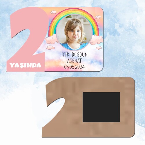 Gökkuşağı Temalı 2 Yaş Pembe Rakam Ahşap Magnet