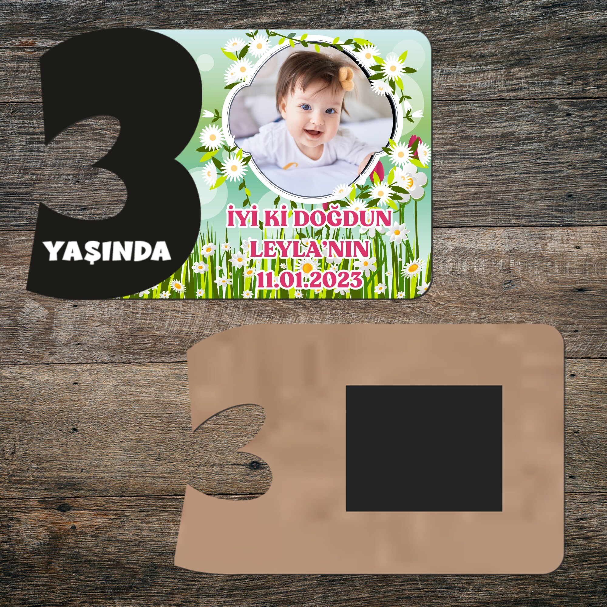 Papatya ve Laleli 3 Rakamlı Hatıra Magnet Siyah