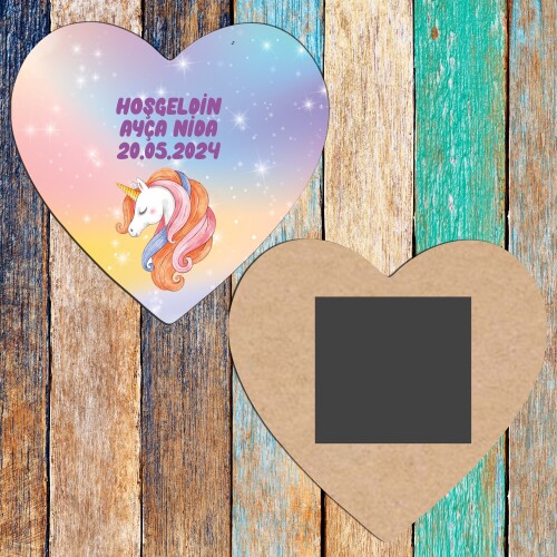 Unicorn Ahşap Kalp Magnet