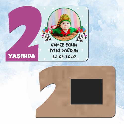 Panda Temalı Mor Rakam 2 Yaşında Ahşap Hediye Magnet