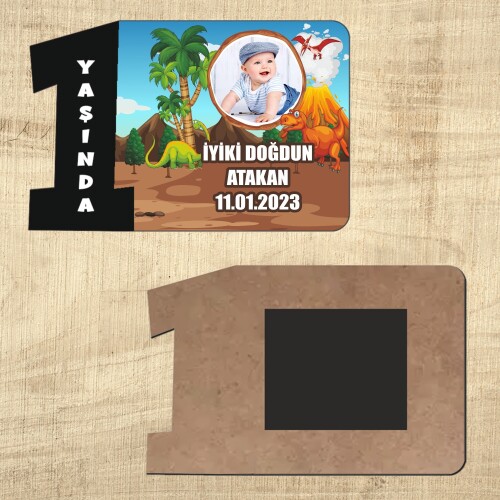 Dinazor Temalı 1 Yaşındayım Siyah Rakam Magnet Ahşap