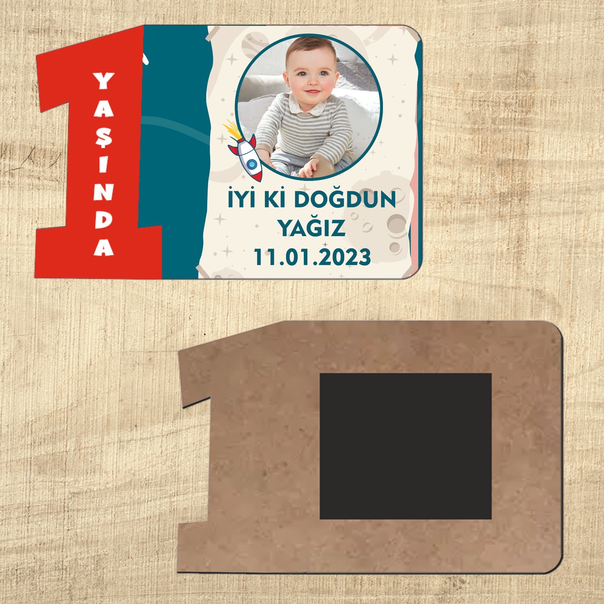 Roket Temalı Kırmızı Rakamlı 1 Yaş Ahşap Magnet