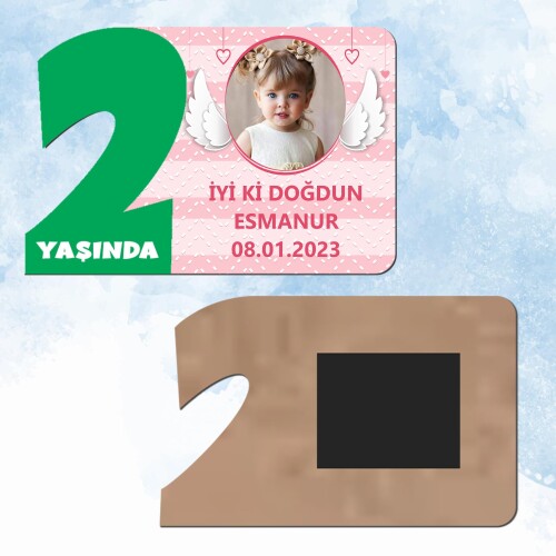 Melek Kanadı Temalı Yeşil Rakamlı 2 Yaş Hediye Ahşap Magnet