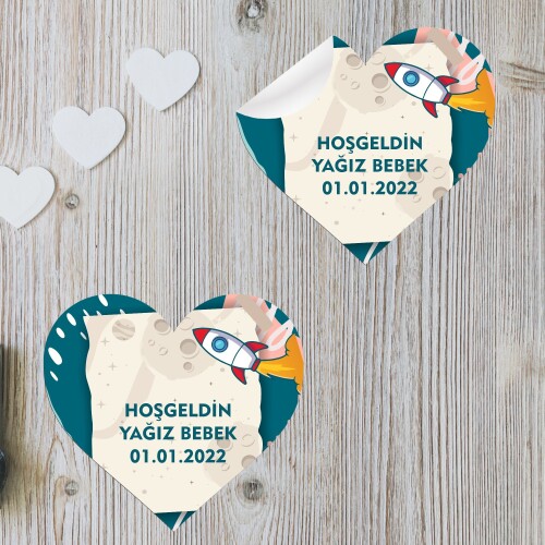 Roket Temalı Kalp Şeklinde Sticker Etiket