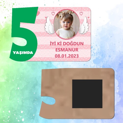 Melek Kanadı Temalı Yeşil Rakamlı Ahşap 5 Yaşında Magnet