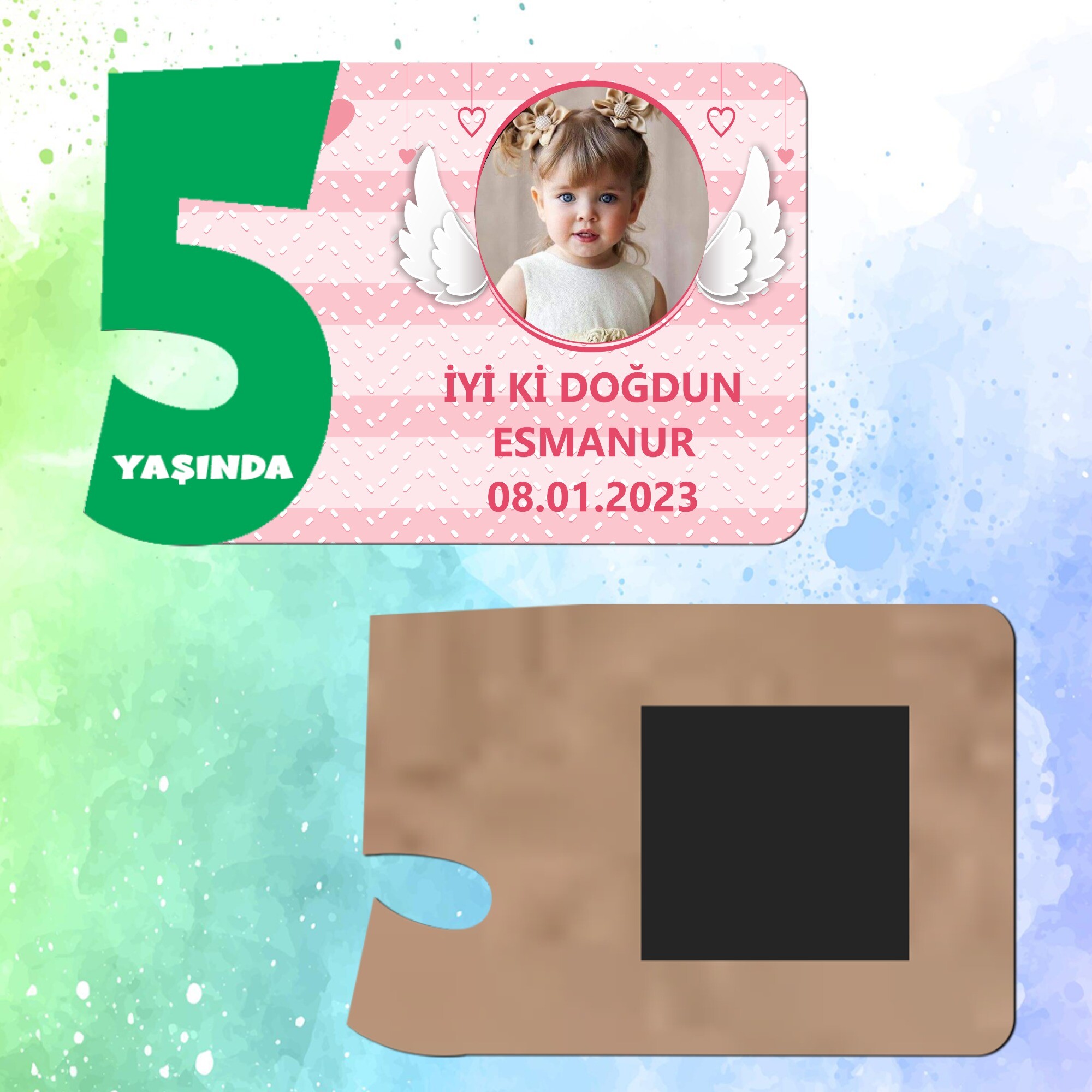 Melek Kanadı Temalı Yeşil Rakamlı Ahşap 5 Yaşında Magnet