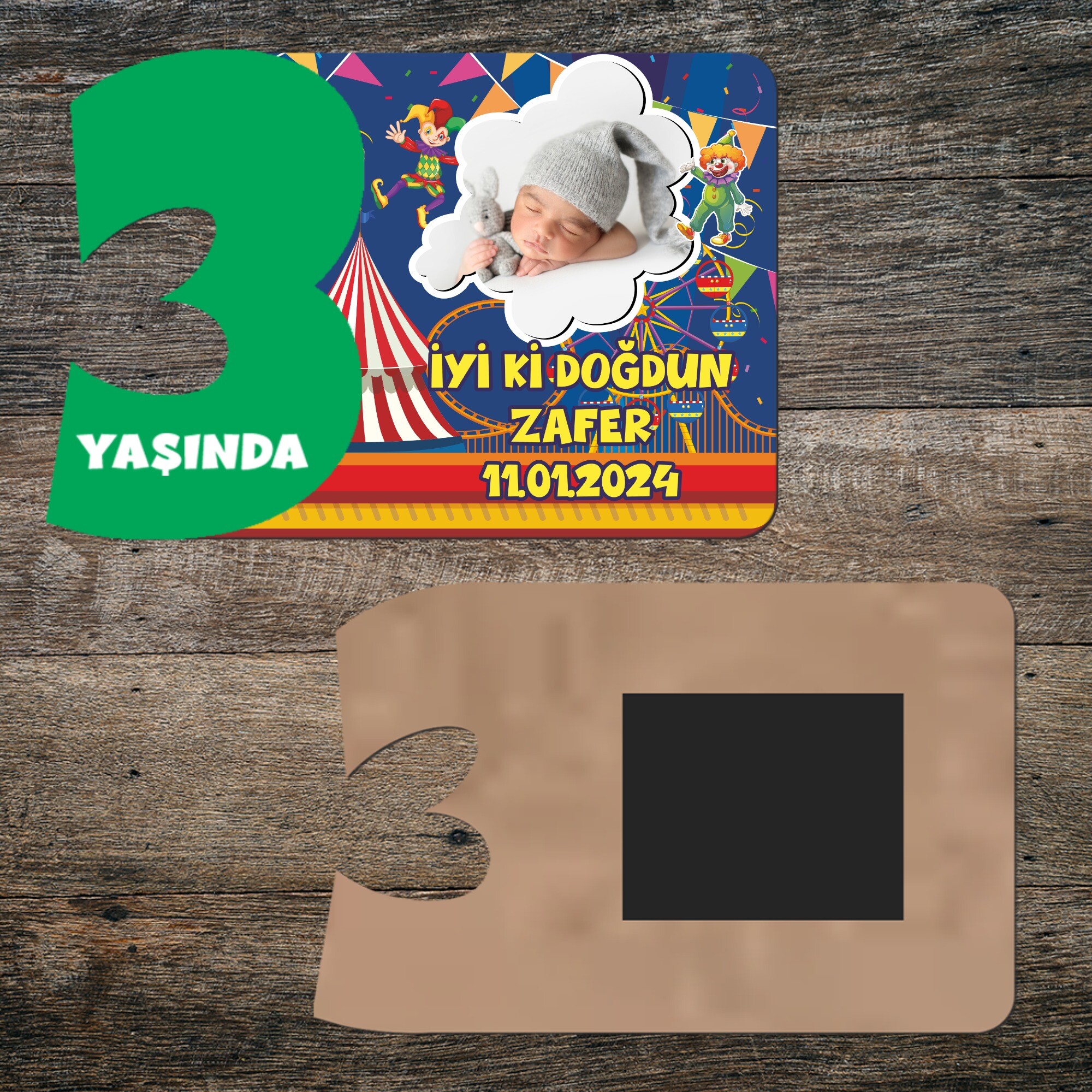 Palyaço Temalı 3 Yaş İçin Yeşil Rakam Ahşap Doğum Günü Magneti