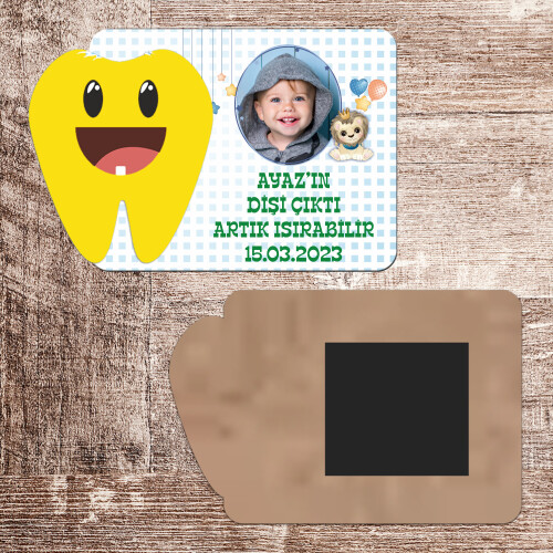 Sevimli Aslan Dişim Çıktı Ahşap Magnet Sarı Diş