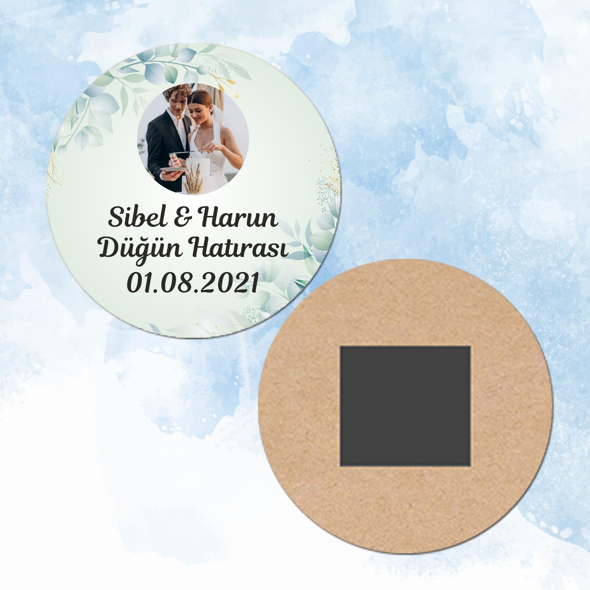 Su Yeşili Yapraklı Kına Düğün Daire Ahşap Magnet