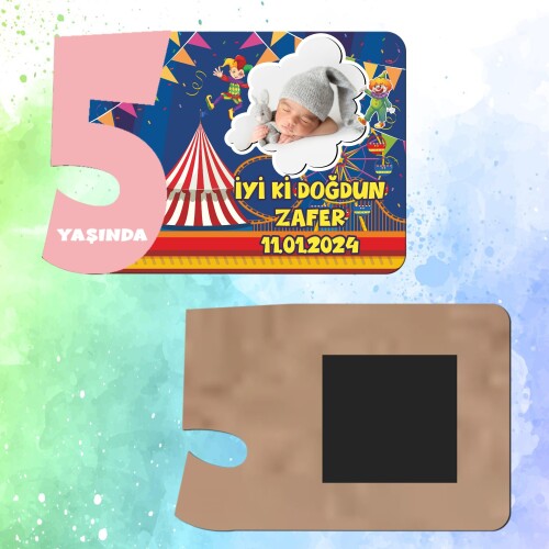 Palyaço Temalı 5 Yaş İçin Pembe Sayılı  Ahşap Magnet