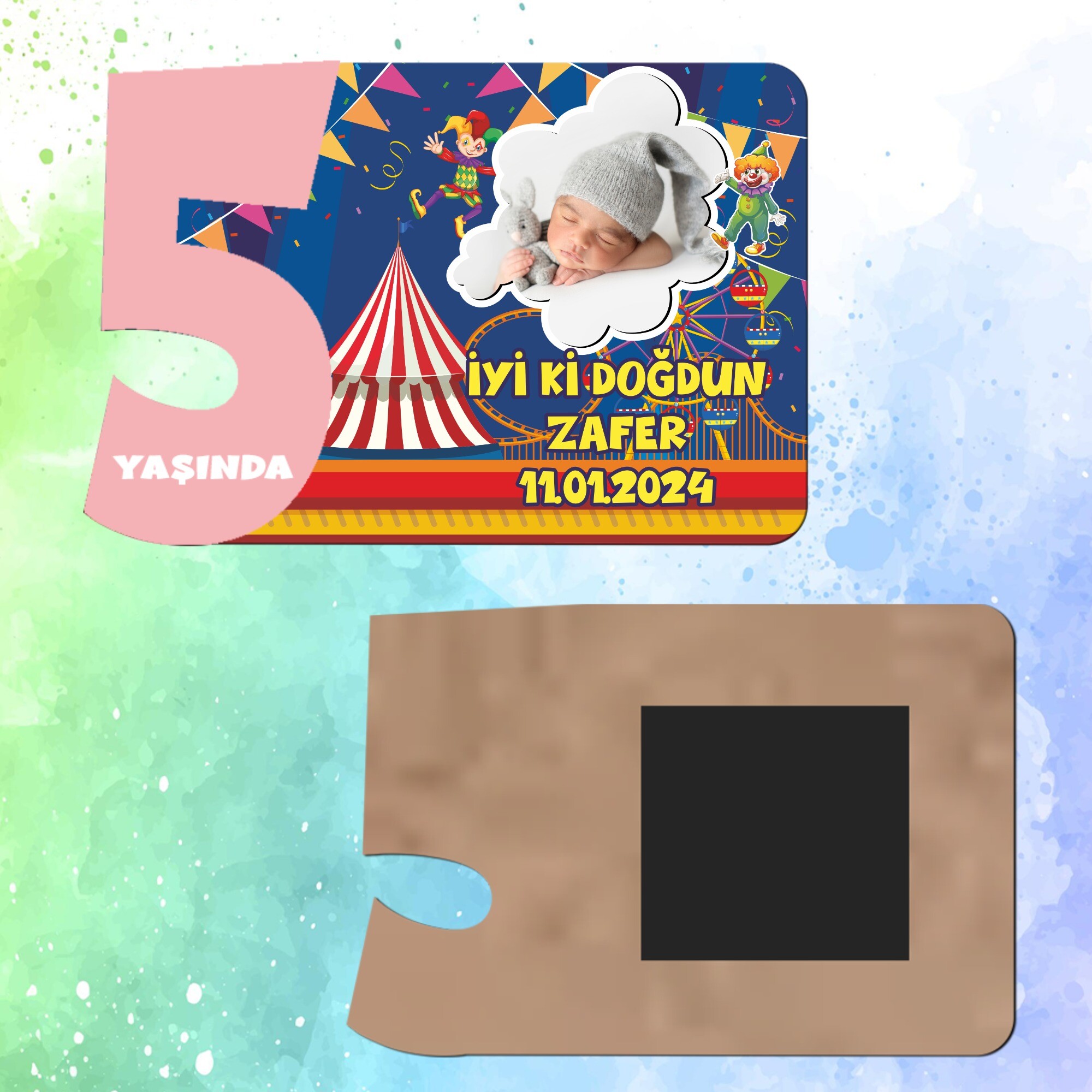 Palyaço Temalı 5 Yaş İçin Pembe Sayılı  Ahşap Magnet