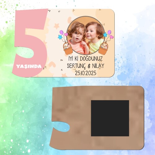 İkiz Bebek 5 Yaş İçin Pembe Sayılı  Ahşap Magnet