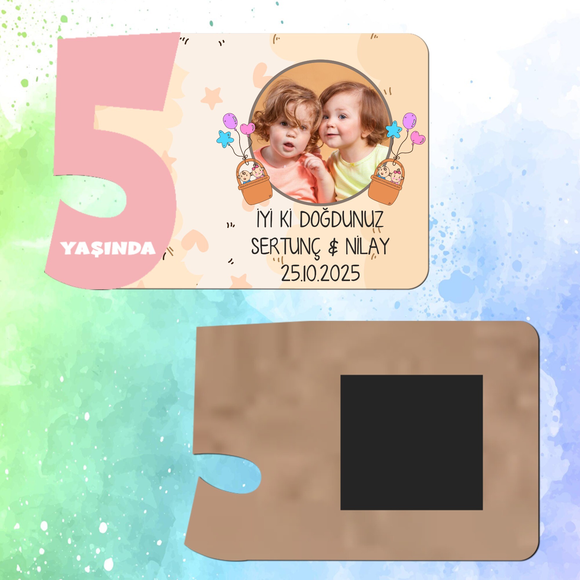 İkiz Bebek 5 Yaş İçin Pembe Sayılı  Ahşap Magnet