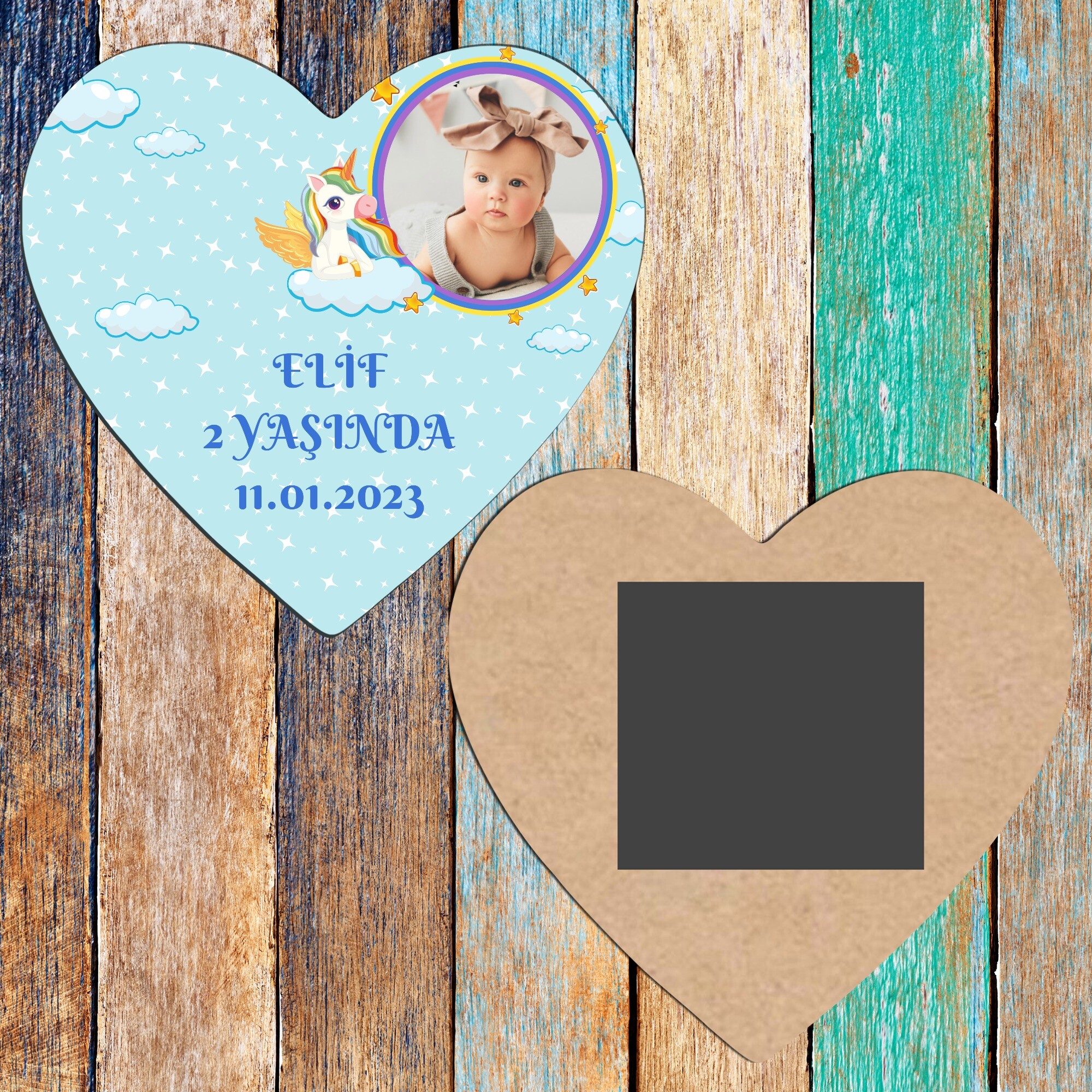 Unicornlu Kalp Şeklinde Ahşap Magnet