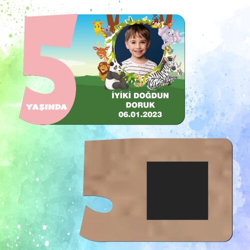 Safari Temalı 5 Yaş İçin Pembe Sayılı  Ahşap Magnet