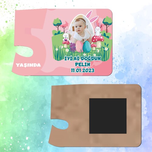 Tavşan Kız Temalı 5 Yaş İçin Pembe Sayılı  Ahşap Magnet