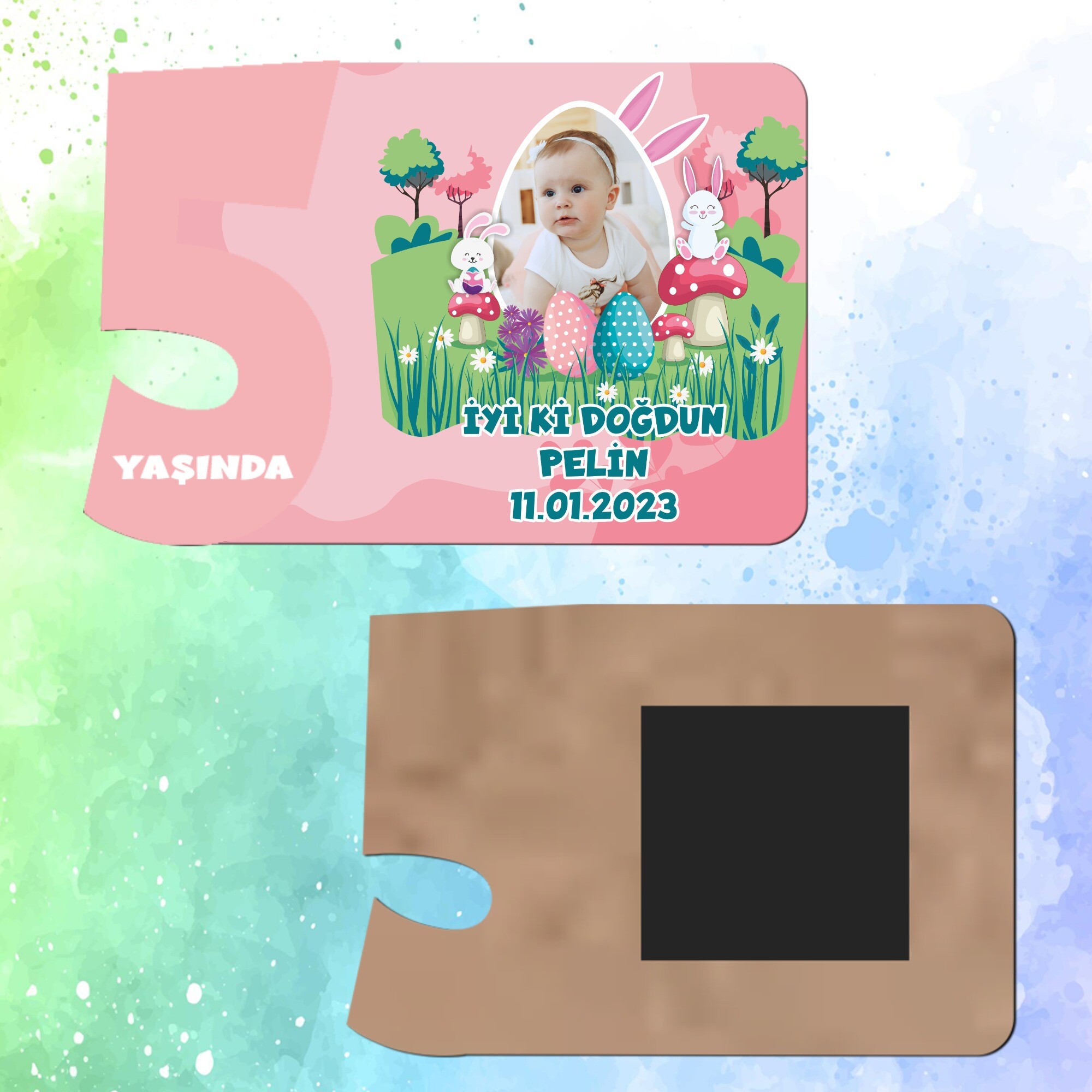 Tavşan Kız Temalı 5 Yaş İçin Pembe Sayılı  Ahşap Magnet