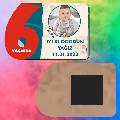 Roket Temalı 6 Yaş Kırmızı Rakamlı Ahşap Magnet