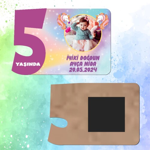 Unicorn Mor Rakamlı 5 Yaşında Magnet Ahşap