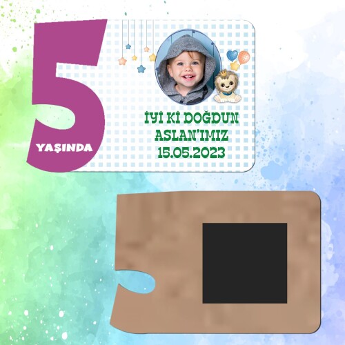 Sevimli Aslan Mor Rakamlı 5 Yaşında Magnet Ahşap