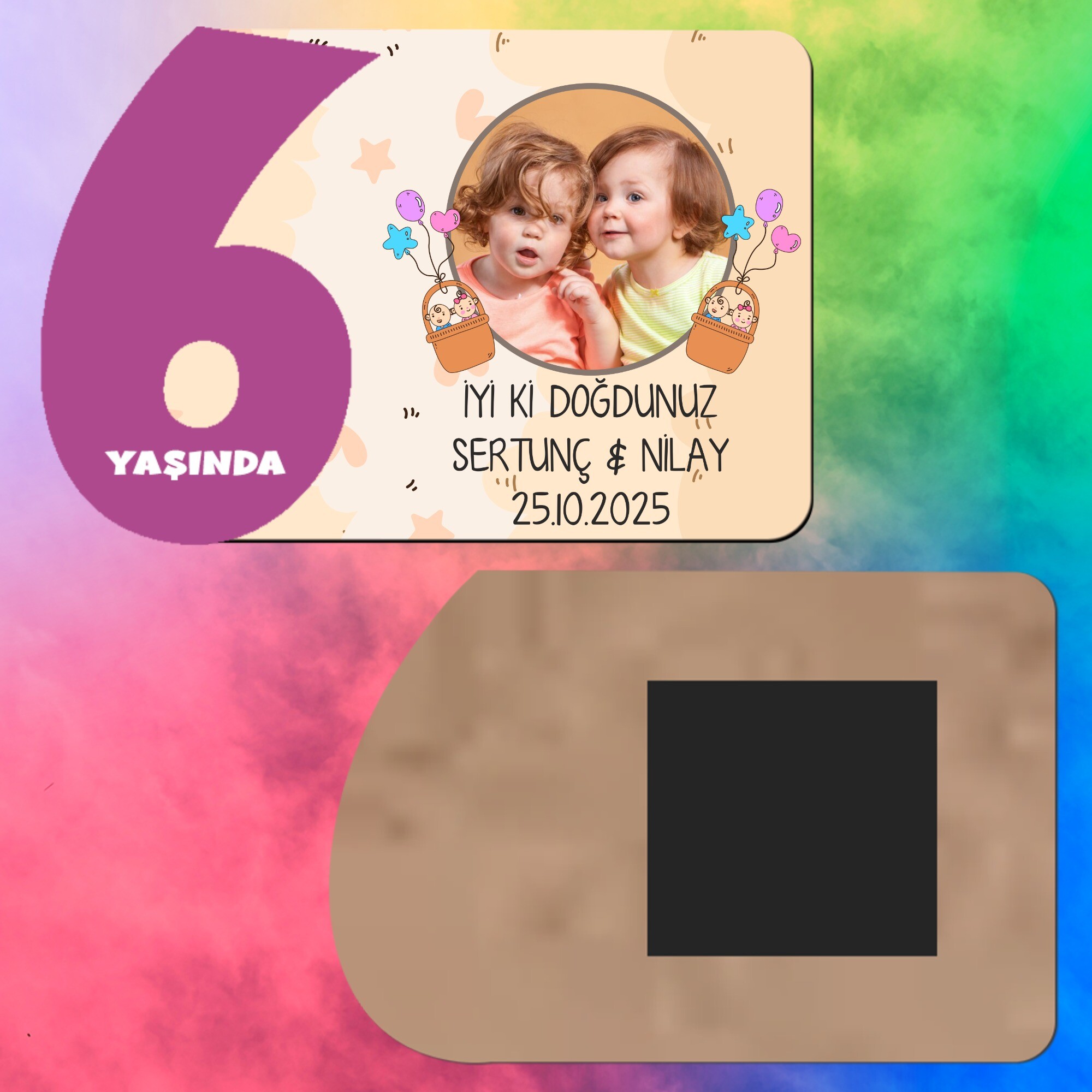 İkiz Bebek 6 Yaş İçin Mor Rakamlı Ahşap Magnet Baskı