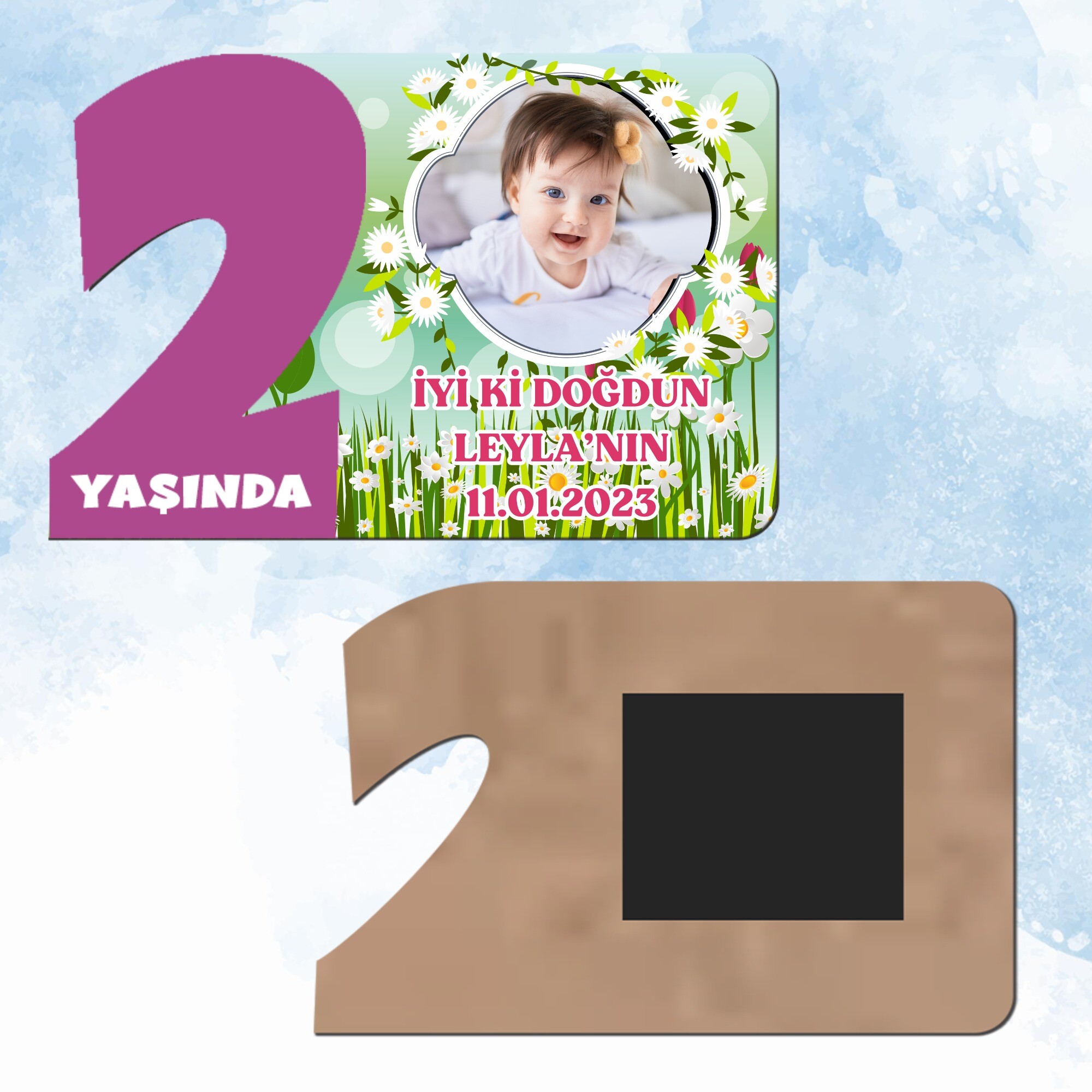 Papatya ve Laleli Mor Rakam 2 Yaşında Ahşap Hediye Magnet