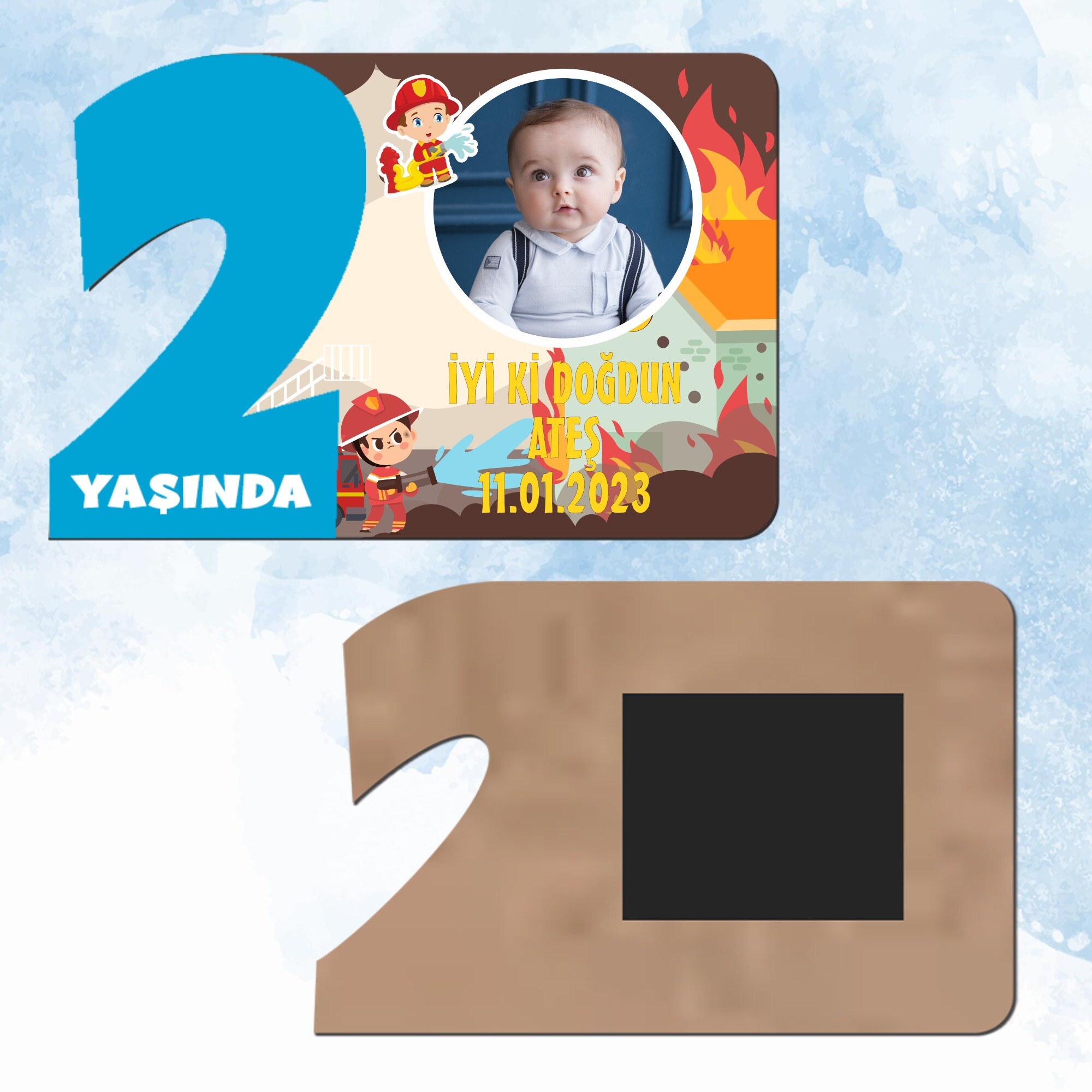 İtfaiyeci Çocuk 2 Yaş Mavi Rakam Ahşap Magnet