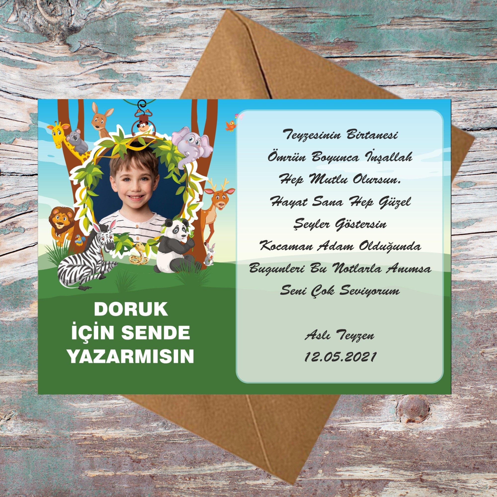 Safari Temalı Doğum Günü İçin Zarflı Anı Kartı