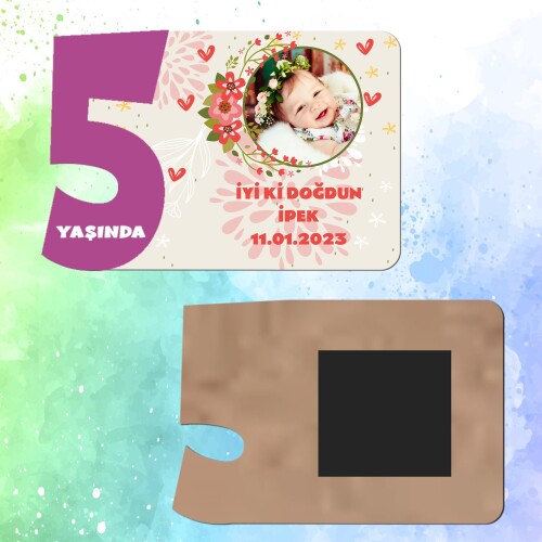 Çiçekli Mor Rakamlı 5 Yaşında Magnet Ahşap