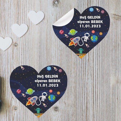 Uzay Temalı Kalp Şeklinde Sticker Etiket