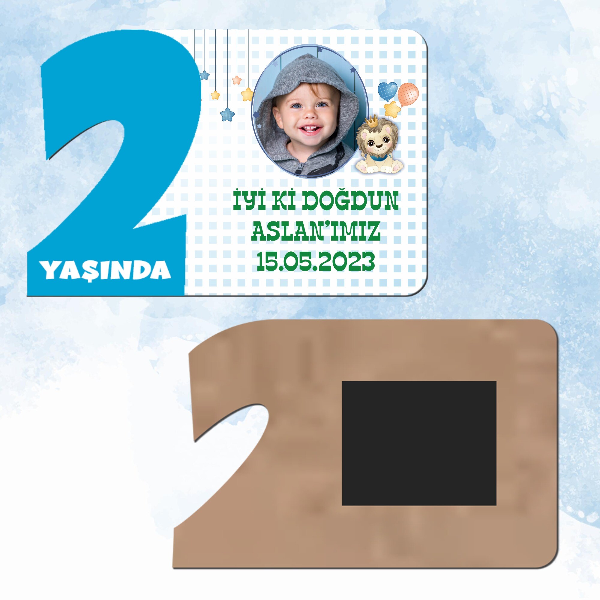 Sevimli Aslan 2 Yaş Mavi Rakam Ahşap Magnet