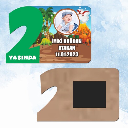 Dinazor Temalı Yeşil Rakamlı 2 Yaş Hediye Ahşap Magnet