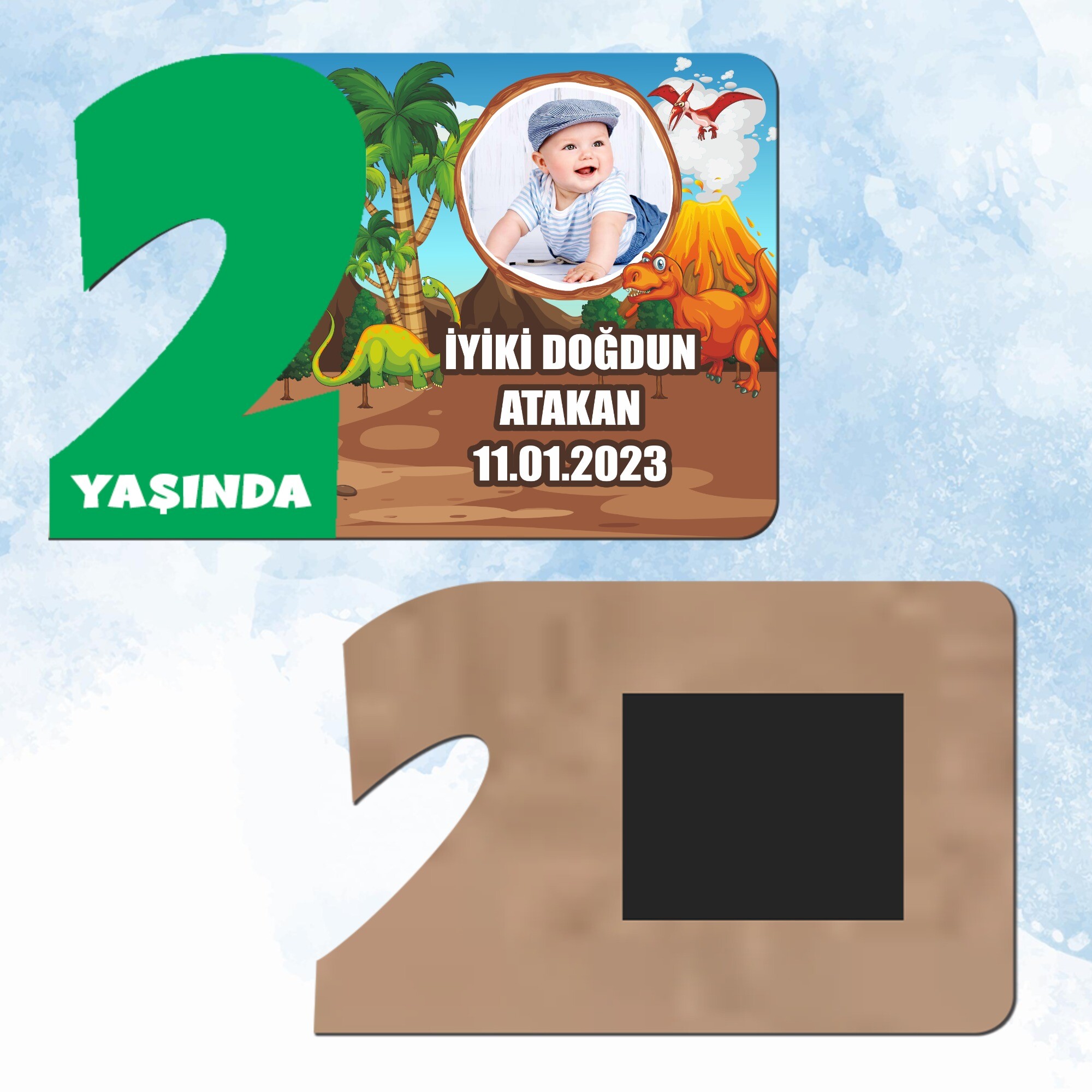 Dinazor Temalı Yeşil Rakamlı 2 Yaş Hediye Ahşap Magnet