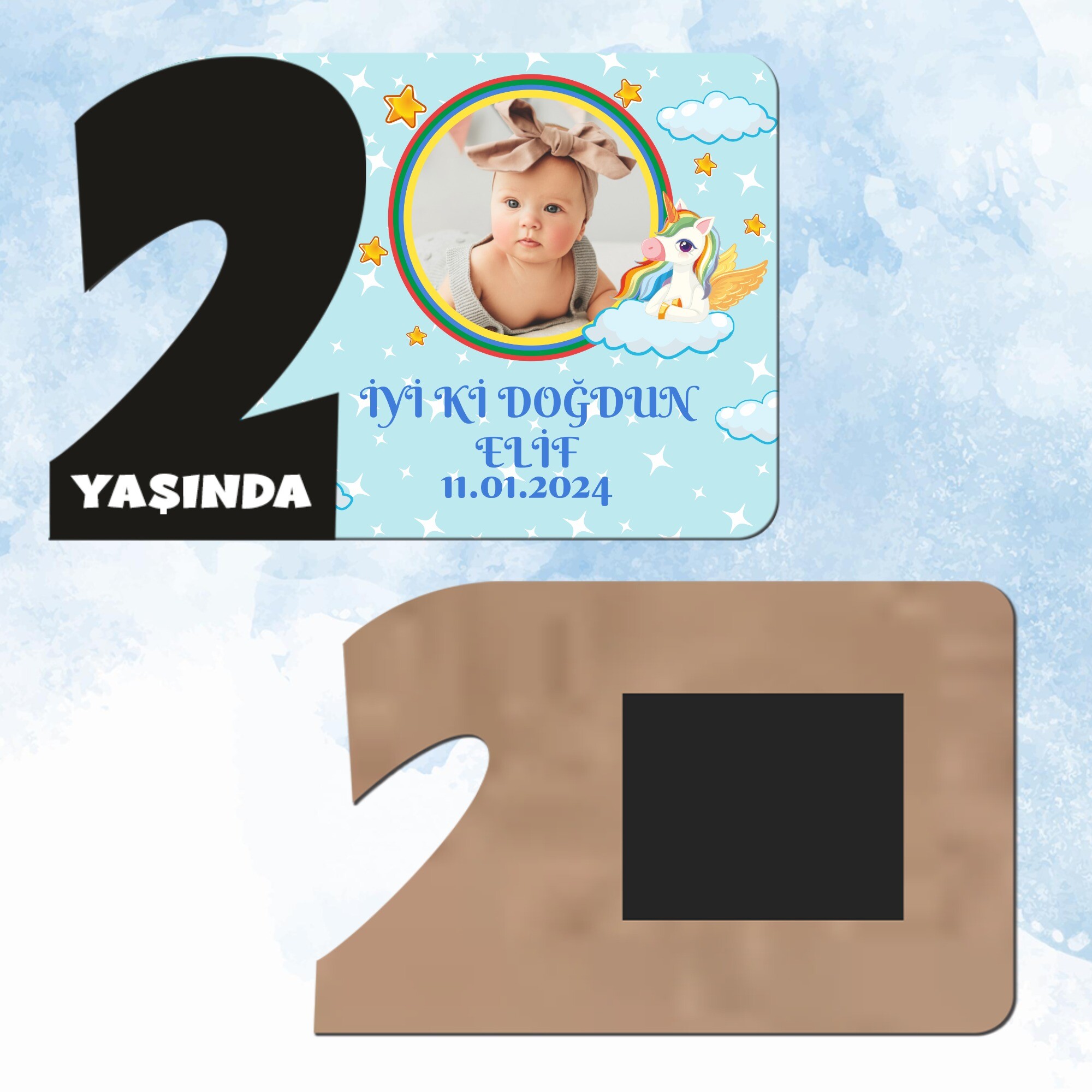 Unicornlu 2 Yaşında Siyah Rakam Magnet Ahşap
