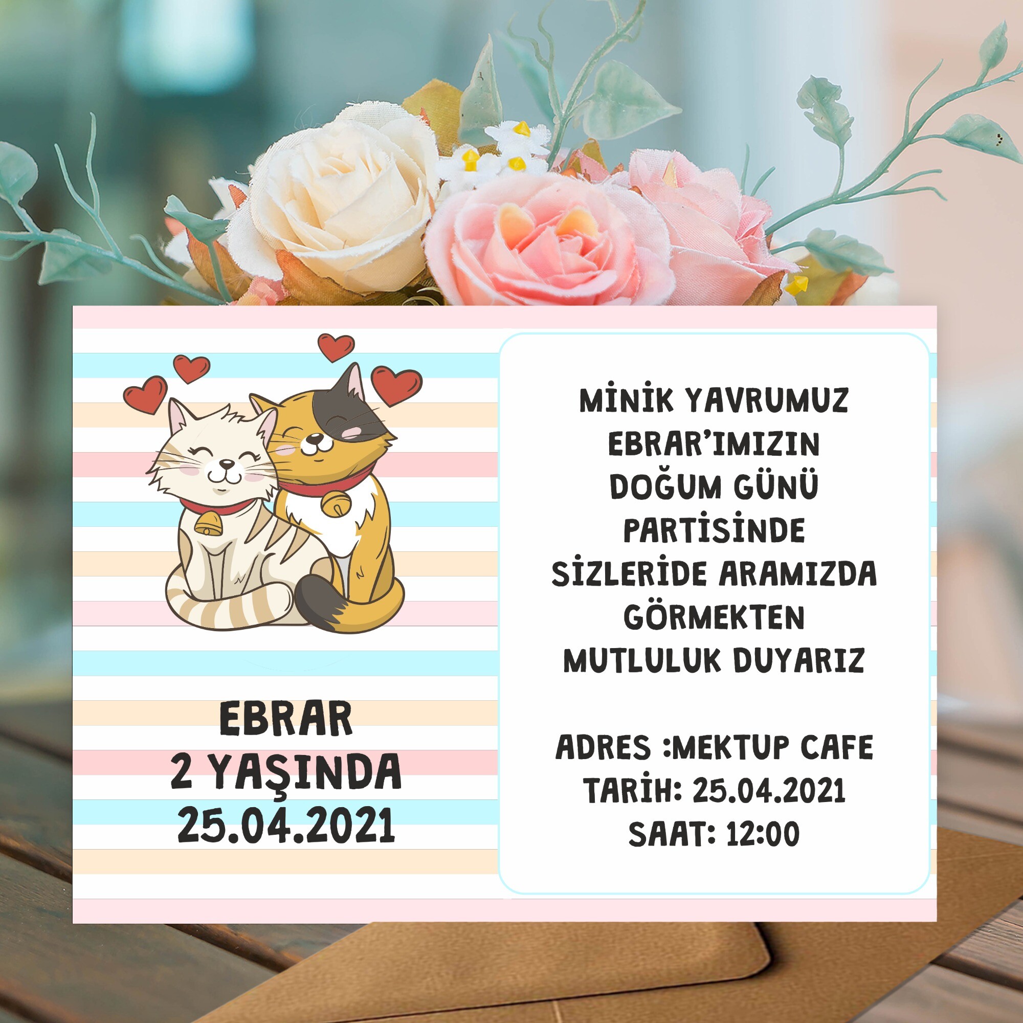 Sevimli Kediler Parti Davetiyesi Zarf Dahil