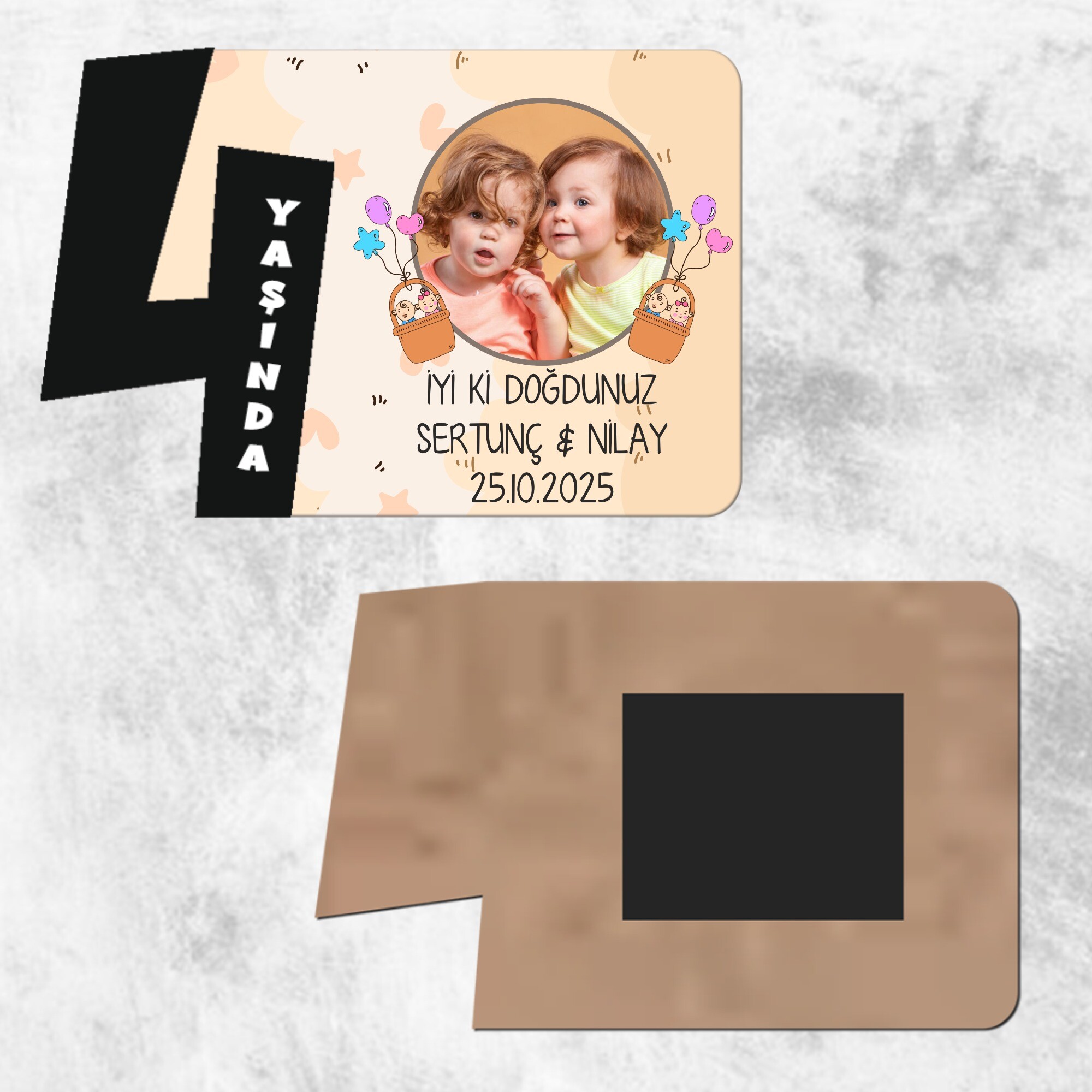 İkiz Bebek 4 Yaş Siyah Rakam Ahşap Foto Magnet
