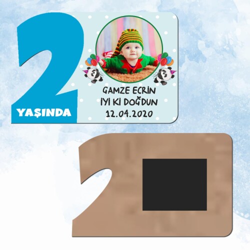 Panda Temalı 2 Yaş Mavi Rakam Ahşap Magnet