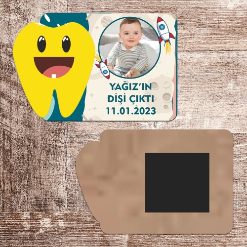 Roket Temalı Dişim Çıktı Ahşap Magnet Sarı Diş